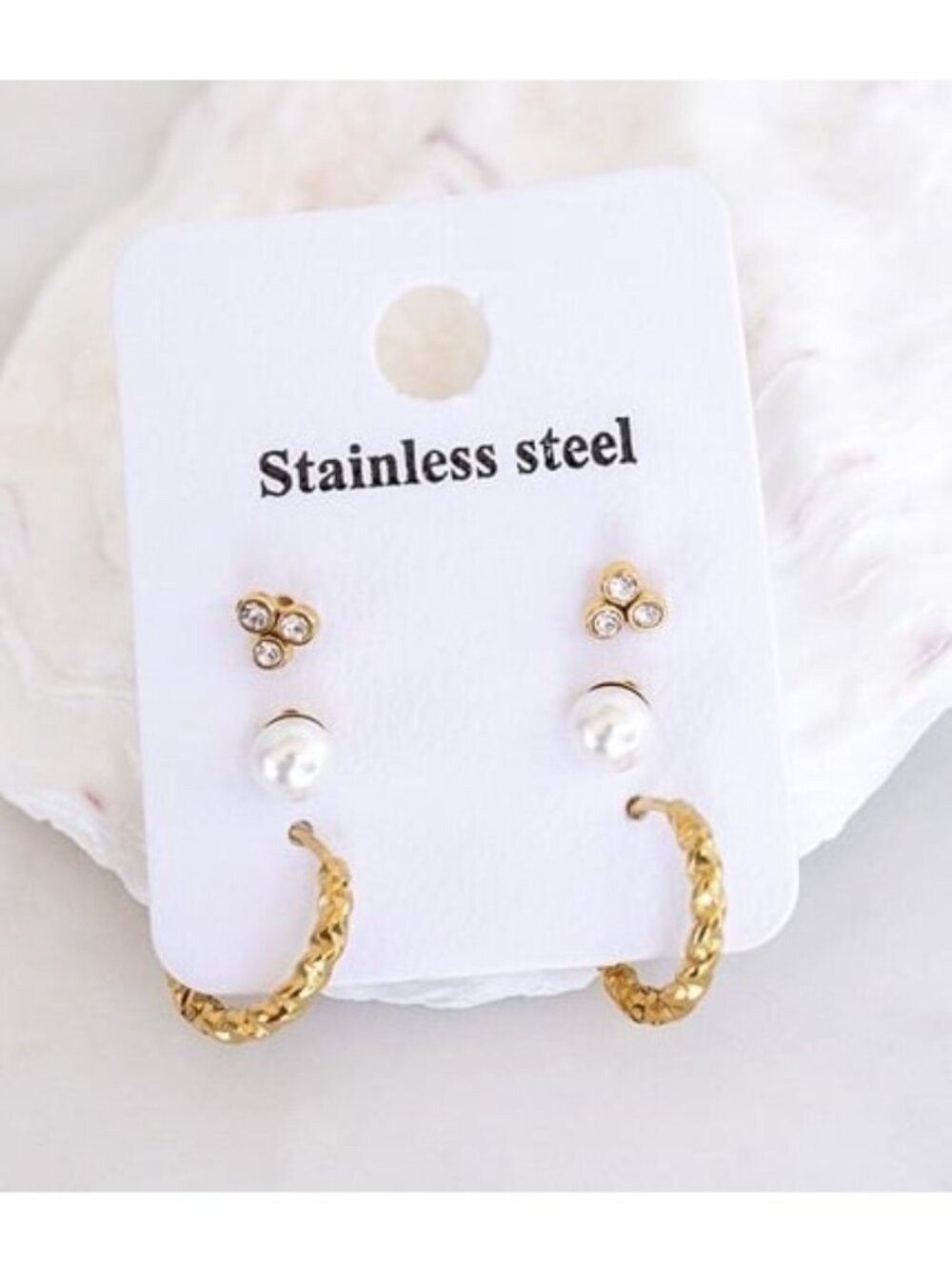 3 PAIRS Gold Earring Set Waterproof Huggies Pearl Studs & CZ Trio Studs Summer